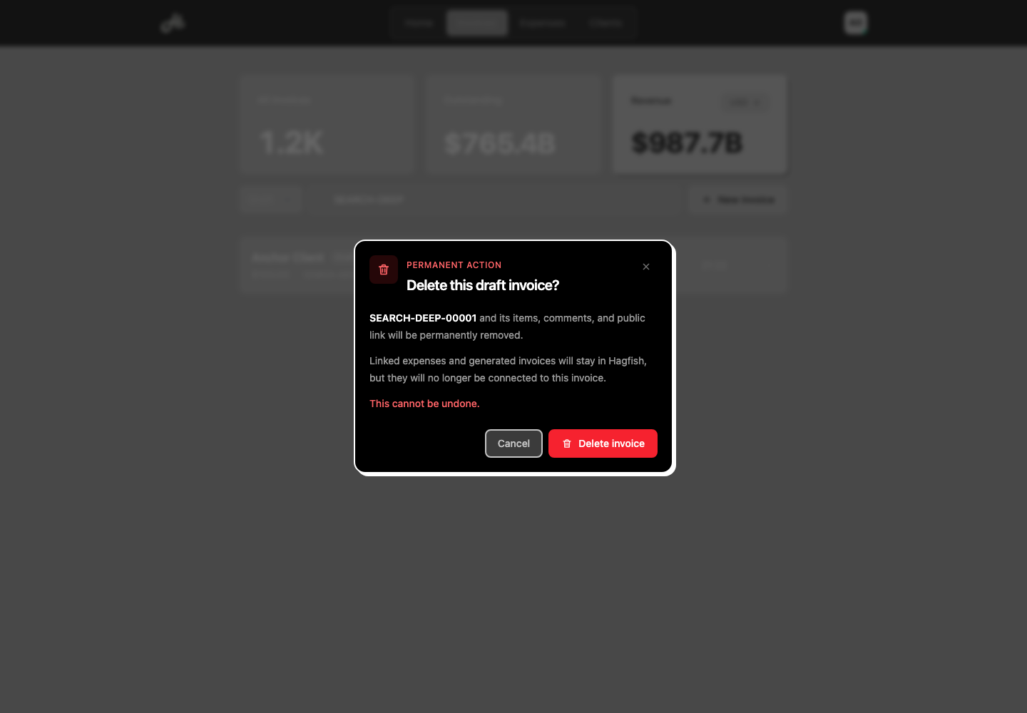 Hagfish delete dialog using Klean source in dark mode